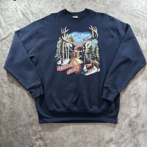 Vintage Whitetail Deer Graphic Crewneck Sweatshirt XL Blue Nature Hunting 90s